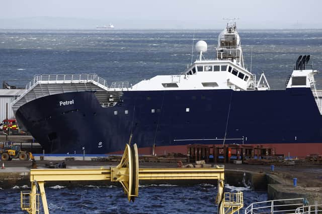 Research vessel Petrel leaning in a dry dock in Leith on Wednesday. Picture: Jeff J Mitchell/Getty Images