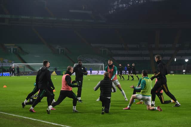 Celtic warm up ahead of their match with Hamilton Accies in the Scottish Premiership. Picture: SNS