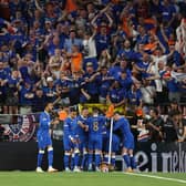 Rangers supporters celebrate after Joe Aribo had opened the scoring in the Europa League final against Eintracht Frankfurt in Seville. (Photo by Maja Hitij/Getty Images)