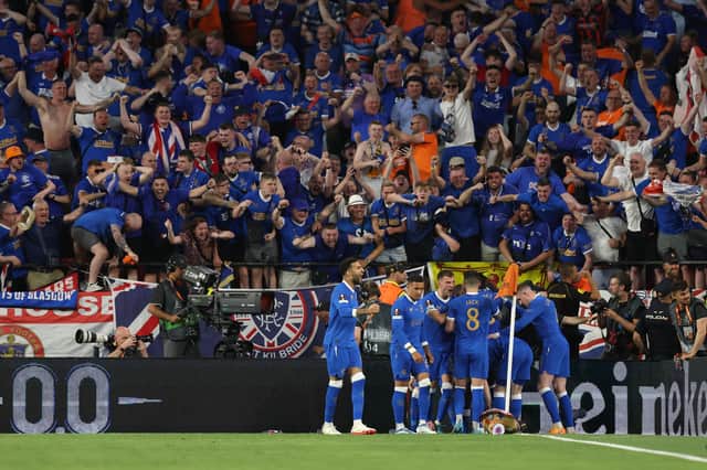 Rangers supporters celebrate after Joe Aribo had opened the scoring in the Europa League final against Eintracht Frankfurt in Seville. (Photo by Maja Hitij/Getty Images)