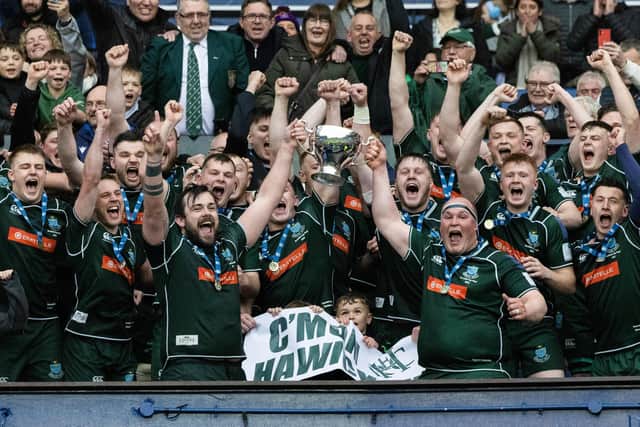 Hawick players celebrate winning last year's Scottish Cup at Murrayfield.  (Photo by Mark Scates / SNS Group)