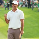 Brooks Koepka celebrates after holing the winning putt in the 105th PGA Championship at Oak Hill Country Club in Rochester, New York. Picture: Michael Reaves/Getty Images.