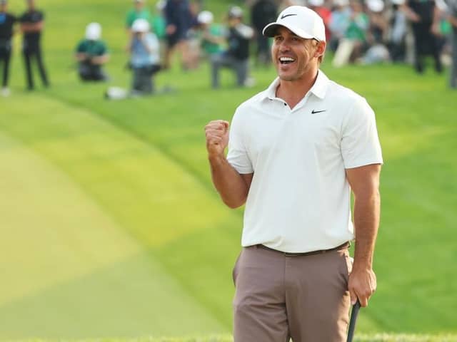 Brooks Koepka celebrates after holing the winning putt in the 105th PGA Championship at Oak Hill Country Club in Rochester, New York. Picture: Michael Reaves/Getty Images.