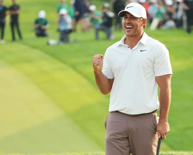 Brooks Koepka celebrates after holing the winning putt in the 105th PGA Championship at Oak Hill Country Club in Rochester, New York. Picture: Michael Reaves/Getty Images.
