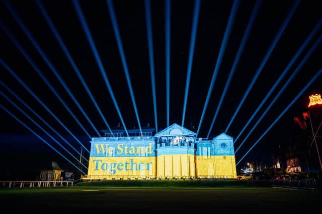 The R&A Celebration of Light included a tribute in support of Ukraine and its people as colours of the nation’s flag were projected on to the R&A Clubhouse in St Andrews. Picture: James Bridle