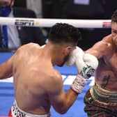 Josh Taylor takes the fight to Jose Ramirez battle during their world unification bout in Las Vegas. Picture: David Becker/Getty Images