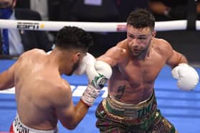 Josh Taylor takes the fight to Jose Ramirez battle during their world unification bout in Las Vegas. Picture: David Becker/Getty Images