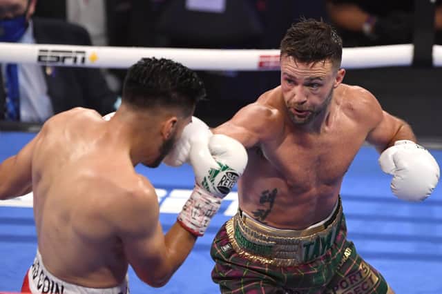 Josh Taylor takes the fight to Jose Ramirez battle during their world unification bout in Las Vegas. Picture: David Becker/Getty Images