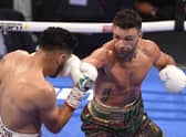 Josh Taylor takes the fight to Jose Ramirez battle during their world unification bout in Las Vegas. Picture: David Becker/Getty Images