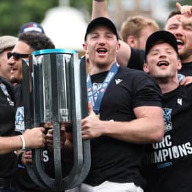 Franco Smith and Kyle Steyn are pictured at the Glasgow Warriors homecoming event at Scotstoun Stadium after winning the United Rugby Championship Grand Final against Vodacom Bulls in South Africa. (Photo by Ross MacDonald / SNS Group)