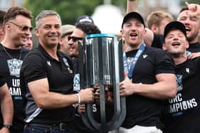 Franco Smith and Kyle Steyn are pictured at the Glasgow Warriors homecoming event at Scotstoun Stadium after winning the United Rugby Championship Grand Final against Vodacom Bulls in South Africa. (Photo by Ross MacDonald / SNS Group)