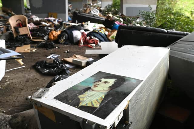 Piles of fly-tipped rubbish, including a picture of Robert Burns, lie under an M8 flyover in Glasgow (Picture: John Devlin)
