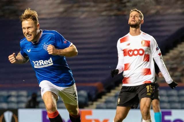 Scott Arfield celebrates his winning goal as Rangers defeated Standard Liege 3-2 at Ibrox to qualify for the last 32 of the Europa League. (Photo by Alan Harvey / SNS Group)