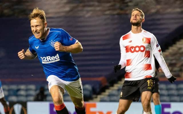 Scott Arfield celebrates his winning goal as Rangers defeated Standard Liege 3-2 at Ibrox to qualify for the last 32 of the Europa League. (Photo by Alan Harvey / SNS Group)