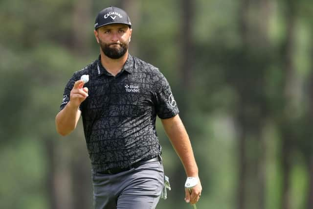 Jon Rahm reacts to the crowd during the second round, which was ended early due to bad weather. Picture: Andrew Redington/Getty Images.