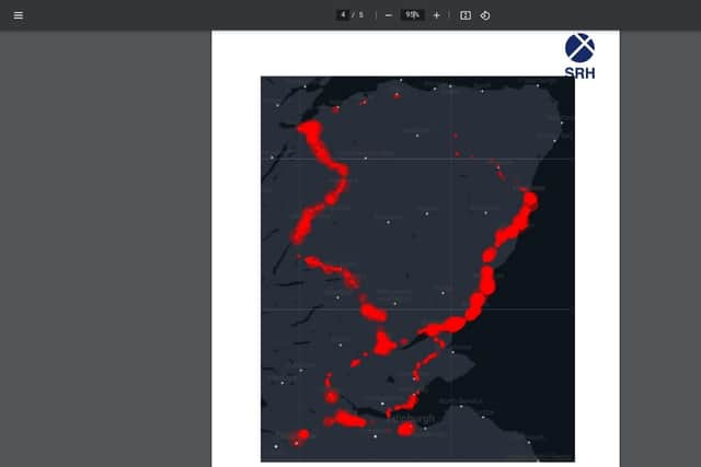 Sections of the rail network with slippery rails from fallen leaves (coloured red) are concentrated on the Inverness and Aberdeen to Glasgow and Edinburgh lines. Picture: Scottish Rail Holdings