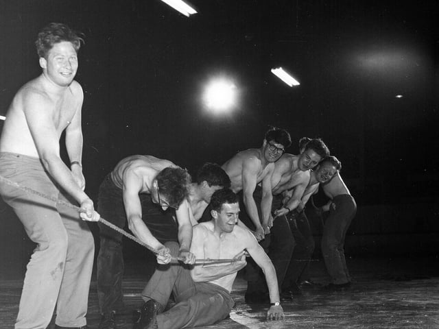 Students took part in a tug-o-war competition at Murrayfield Ice Rink as part of Edinburgh University's Charities Week in April 1963.