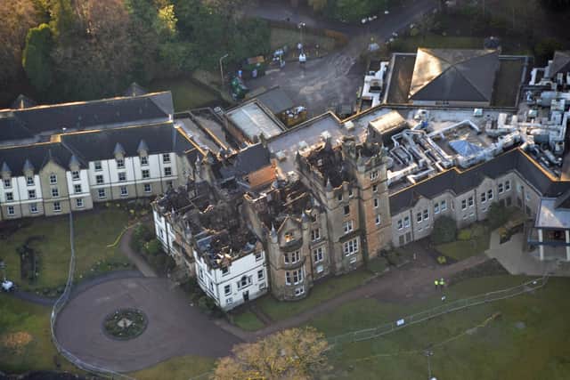 Photo issued by the Crown Office showing an aerial view of the damage to the Cameron House Hotel. A fatal accident inquiry (FAI) into a hotel blaze that killed two guests will get under way later this month