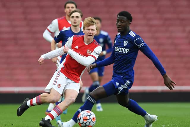 Nohan Kenneh (right) in action for Leeds U23 during the PL2 match against Arsenal U23 at Emirates Stadium in April. (Photo by David Price/Arsenal FC via Getty Images)