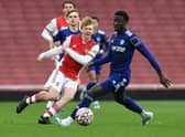 Nohan Kenneh (right) in action for Leeds U23 during the PL2 match against Arsenal U23 at Emirates Stadium in April. (Photo by David Price/Arsenal FC via Getty Images)