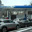​Cars queue to fill up at a Gazprom Neft petrol station in Moscow (PIcture: Natalia Kolesnikova/AFP via Getty Images)
