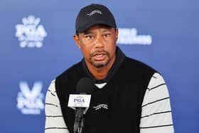 Tiger Woods speaks during press conference ahead of the 106th PGA Championship at Valhalla Golf Club in Louisville, Kentucky. Picture: Michael Reaves/Getty Images.