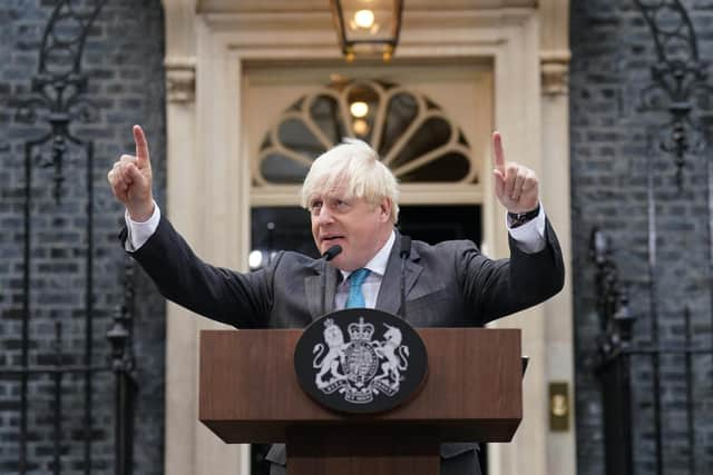 Outgoing Prime Minister Boris Johnson makes a speech outside 10 Downing Street, London, before leaving for Balmoral for an audience with Queen Elizabeth II to formally resign as Prime Minister. Picture date: Tuesday September 6, 2022.