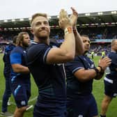 Scotland's Kyle Steyn acknowledges the supporters after the 33-6 win over Georgia at Scottish Gas Murrayfield.  (Photo by Craig Williamson / SNS Group)