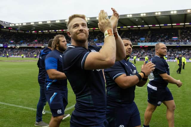 Scotland's Kyle Steyn acknowledges the supporters after the 33-6 win over Georgia at Scottish Gas Murrayfield.  (Photo by Craig Williamson / SNS Group)