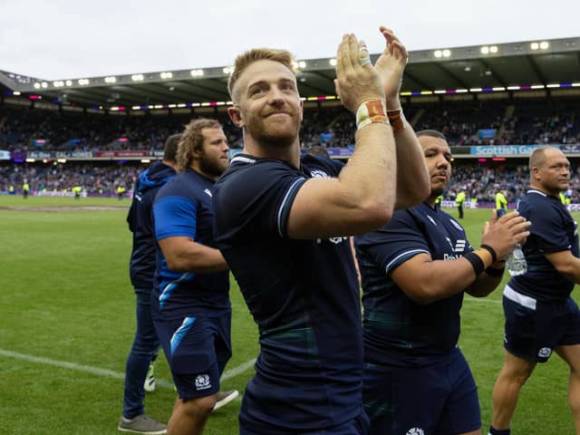 Scotland's Kyle Steyn acknowledges the supporters after the 33-6 win over Georgia at Scottish Gas Murrayfield.  (Photo by Craig Williamson / SNS Group)