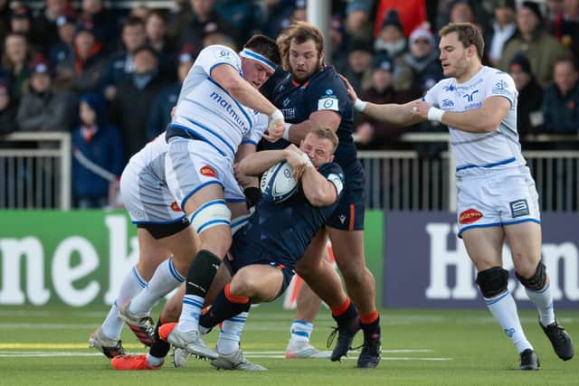 Edinburgh's Tom Cruse in the thick of the action during the Heineken Champions Cup win over Castres Olympique. (Photo by Ross Parker / SNS Group)