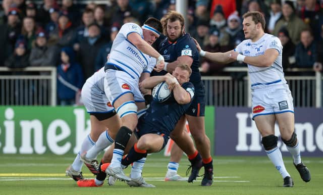 Edinburgh's Tom Cruse in the thick of the action during the Heineken Champions Cup win over Castres Olympique. (Photo by Ross Parker / SNS Group)