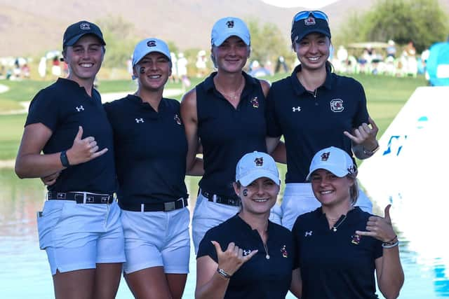 Hannah Darling, far left, celebrates with her South Carolina team-mates after setting a new scoring record by nine shots for the Gamecocks in the NCAA Division 1 Championship stroke-play qualifying. Picture: Gamecock Women's Golf.