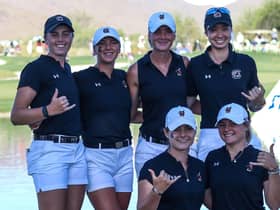 Hannah Darling, far left, celebrates with her South Carolina team-mates after setting a new scoring record by nine shots for the Gamecocks in the NCAA Division 1 Championship stroke-play qualifying. Picture: Gamecock Women's Golf.