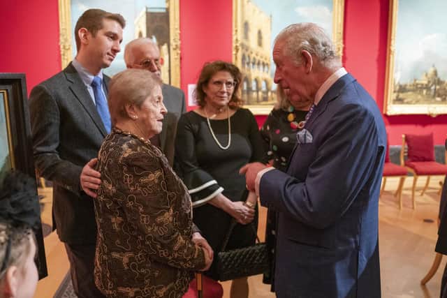 The Prince of Wales meets Holocaust survivor Rachel Levy as he attends an exhibition at The Queen's Gallery, Buckingham Palace. Picture: Arthur Edwards/The Sun/PA Wire