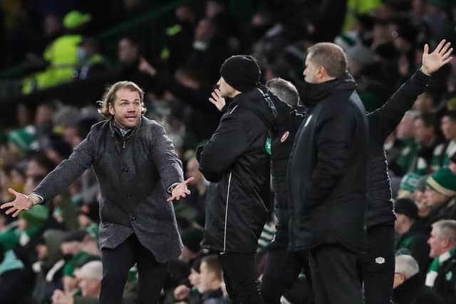 Hearts manager Robbie Neilson appeals to fourth official Willie Collum during Hearts' defeat to Celtic. (Photo by Ian MacNicol/Getty Images)