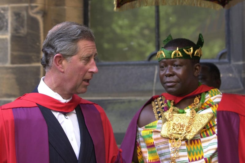Prince Charles and King of Asante, Ghana, Otumfuo Osei Tutu in procession after the honorary degree ceremony in Bute Hall at the University of Glasgow Commemoration Day 550th celebrations in June 2001.