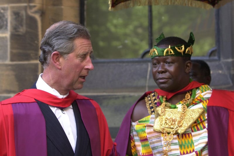 Prince Charles and King of Asante, Ghana, Otumfuo Osei Tutu in procession after the honorary degree ceremony in Bute Hall at the University of Glasgow Commemoration Day  550th celebrations in June 2001.