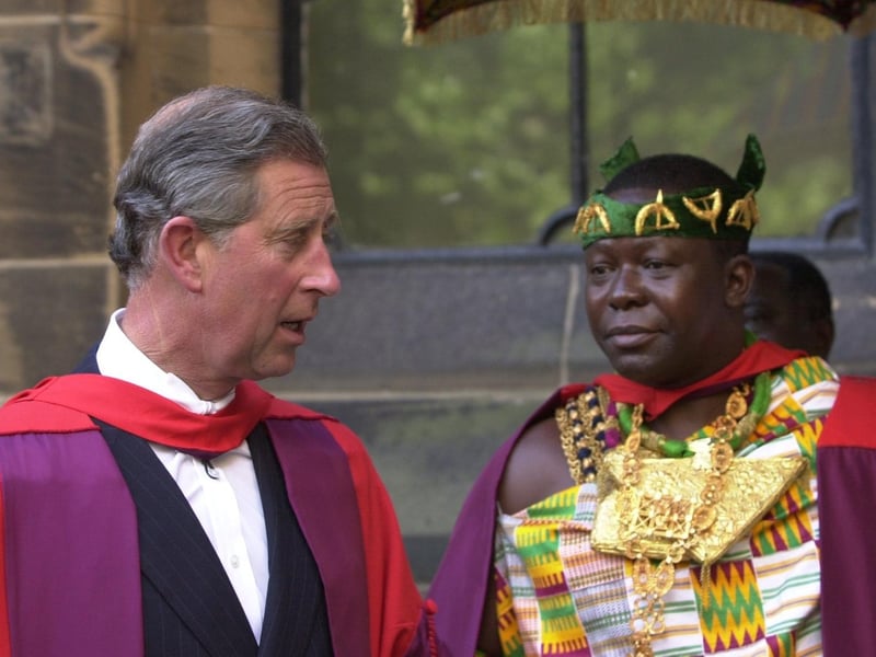 Prince Charles and King of Asante, Ghana, Otumfuo Osei Tutu in procession after the honorary degree ceremony in Bute Hall at the University of Glasgow Commemoration Day 550th celebrations in June 2001.