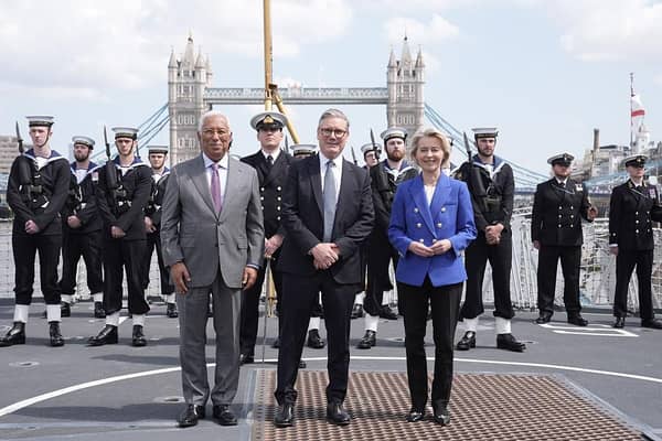 Prime Minister Sir Keir Starmer flanked by European Council President Antonio Costa and President of the European Commission Ursula von der Leyen in front of members of the Royal Navy on HMS Sutherland yesterday (Picture: Stefan Rousseau - WPA Pool/Getty Images)