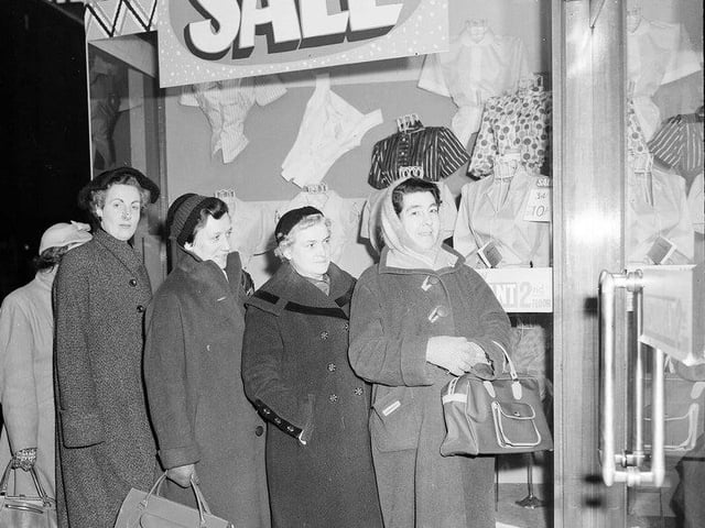 Here you can see early morning shoppers bracing against the cold in order to bag the best bargains at Blyth’s department store for the start of the January sale, in the 1950s.
