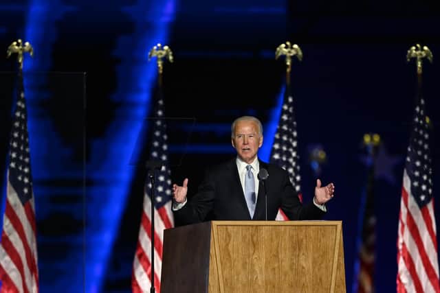 TOPSHOT - US President-elect Joe Biden delivers remarks in Wilmington, Delaware, on November 7, 2020 (Photo by Jim WATSON / AFP) (Photo by JIM WATSON/AFP via Getty Images)