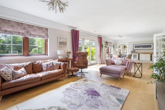 Interior: Dinmont’s reception hall provides access to its ground-floor accommodation, which includes a vast open-plan kitchen-dining-living area, a snug study, plus a brace of garages. The five bedrooms are berthed upstairs, and the principal has an ensuite and dressing room.