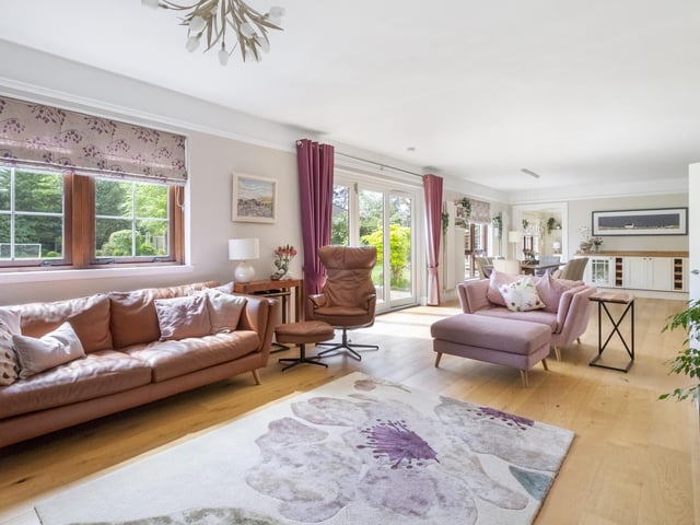 Interior: Dinmont’s reception hall provides access to its ground-floor accommodation, which includes a vast open-plan kitchen-dining-living area, a snug study, plus a brace of garages. The five bedrooms are berthed upstairs, and the principal has an ensuite and dressing room.