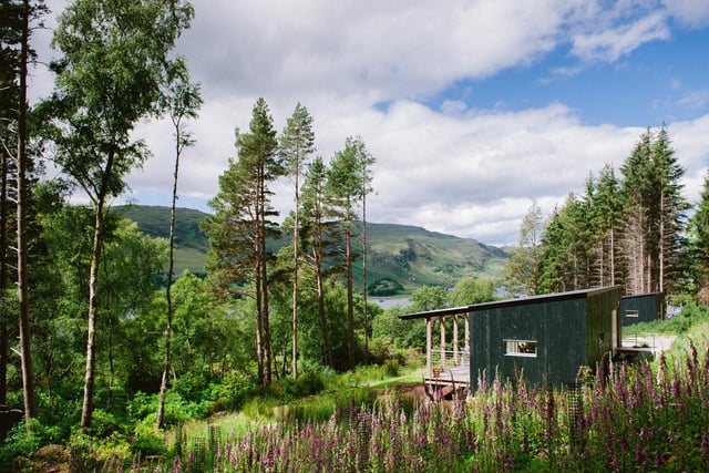 The cabins are tucked away in woodland, surrounded by Douglas Fir and Scots Pine trees, overlooking Loch Broom.