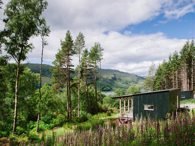 The cabins are tucked away in woodland, surrounded by Douglas Fir and Scots Pine trees, overlooking Loch Broom.