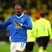Joe Aribo celebrates after Rangers scored their second goal in the 4-2 win over Borussia Dortmund in Germany on February 17. (Photo by Martin Rose/Getty Images)