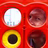 Scottish Liberal Democrat Leader Willie Rennie announces plans for mental health first aiders by playing a giant game of Connect 4. Picture: Lisa Ferguson