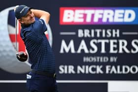 Justin Rose tees off on the third hole during day two of the Betfred British Masters hosted by Sir Nick Faldo at The Belfry. Picture: Ross Kinnaird/Getty Images.