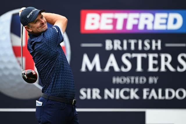 Justin Rose tees off on the third hole during day two of the Betfred British Masters hosted by Sir Nick Faldo at The Belfry. Picture: Ross Kinnaird/Getty Images.